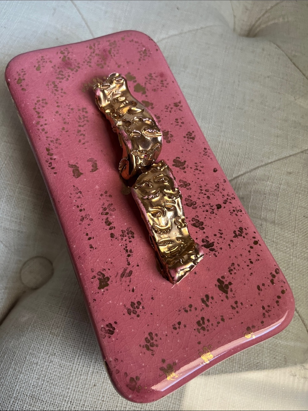 Vintage Hollywood Regency Pink Gold Metallic Handle Specs Jewelry Trinket Box - Picture 15 of 16